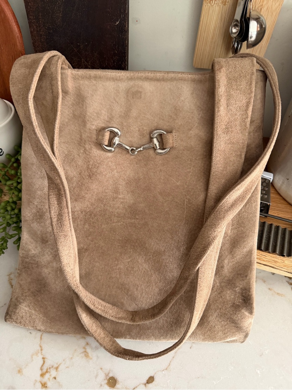 Vintage Steve Madden Suede Tote Bag with Horsebit Accent - Taupe